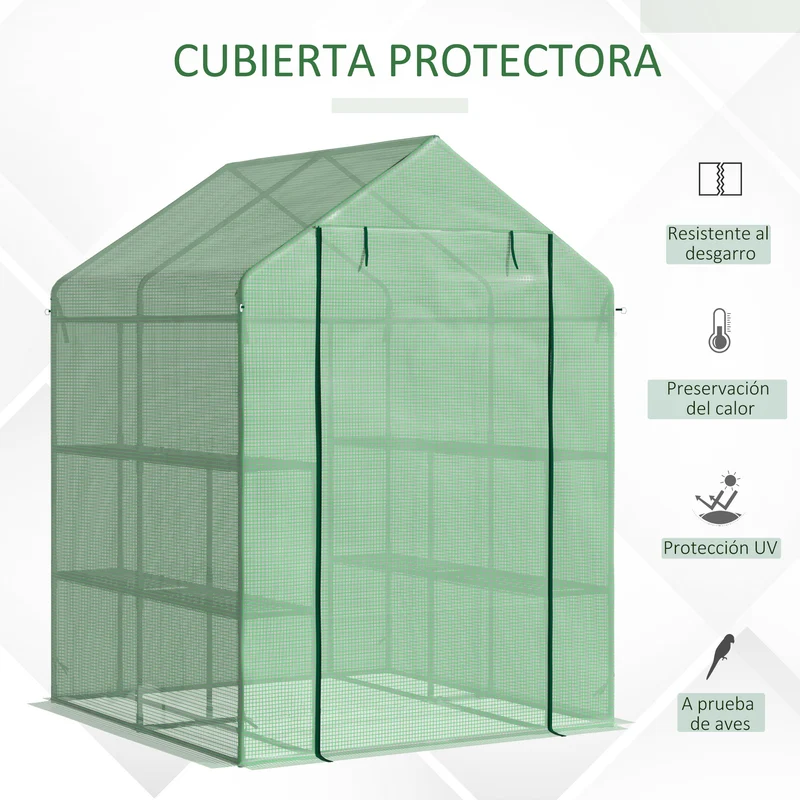Outsunny Invernadero de Jardín Tipo Caseta Vivero Casero de Acero con 2 Niveles 4 Estantes y Puerta Enrollable para Cultivos Plantas Macetas Flores 143x138x190 cm Verde