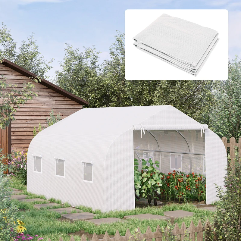 Outsunny Plásticos para Invernaderos 3,5x3x2 m Cubierta de Repuesto para Invernadero de Polietileno con 6 Ventanas y Puerta Enrollable Protección de Plantas para Jardín Blanco