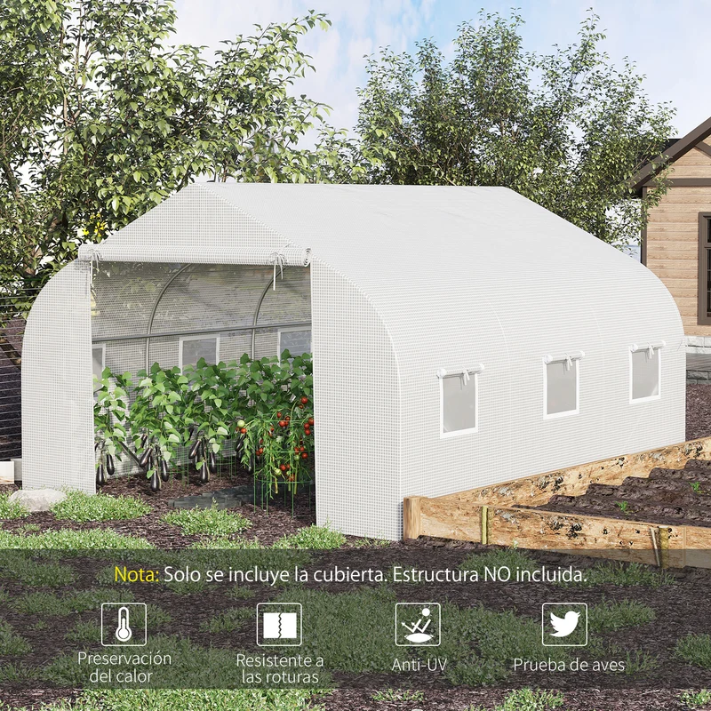 Outsunny Plásticos para Invernaderos 3,5x3x2 m Cubierta de Repuesto para Invernadero de Polietileno con 6 Ventanas y Puerta Enrollable Protección de Plantas para Jardín Blanco