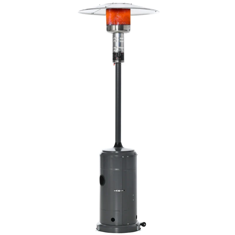 Outsunny Calentador de Patio 12,5KW Tipo Sombrilla Estufa de Gas para Exterior con Apagado Automático Ruedas y Cubierta Ø81x222 cm Gris Carbón