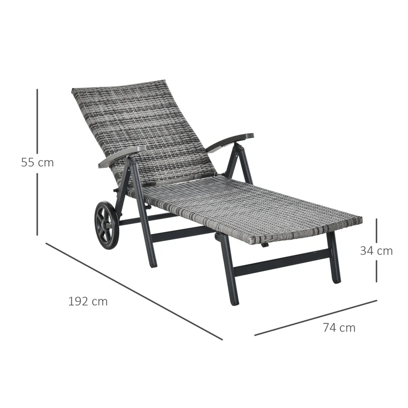 Outsunny Tumbona de Jardín de Ratán 192x74x55 cm con Respaldo Reclinable en 7 Posiciones Reposabrazos y Ruedas Marco de Aluminio para Patio Terraza Balcón Gris