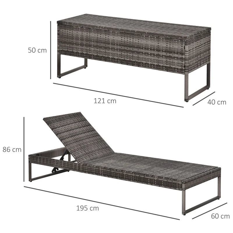 Outsunny Conjunto de 2 Tumbonas de Jardín con Cojines Acolchados Ratán con Mesa Auxiliar para Piscina o Terraza Carga 160kg 195x60x86 cm Acero Gris