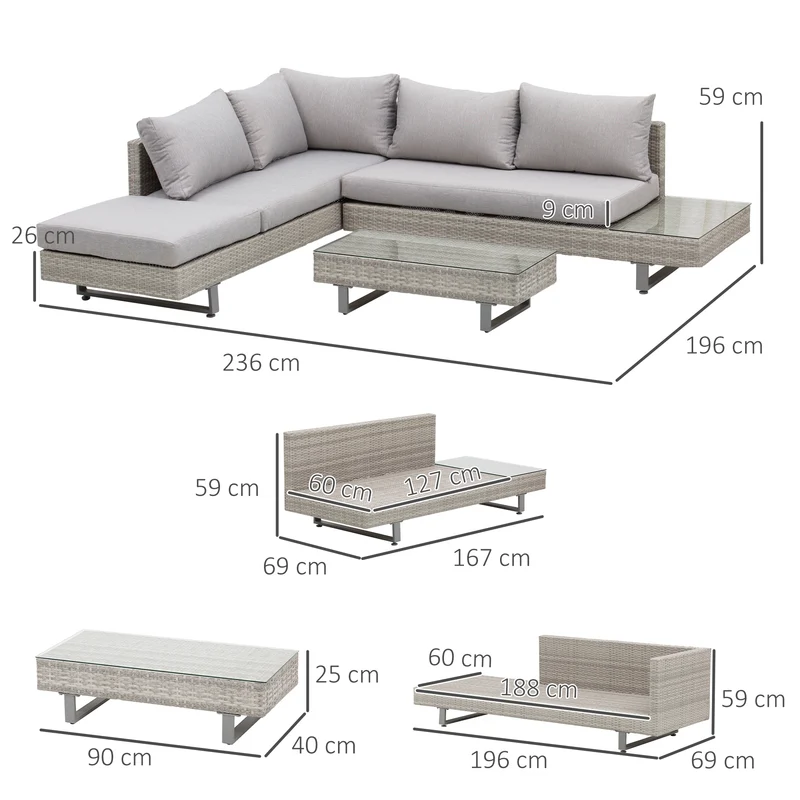 Outsunny Conjunto de Muebles Ratán de 3 Piezas Mesa de Centro Sofá Doble y Sofá de 3 Plazas con Cojines Extraíbles para Exterior Jardín Terraza Patio Acero Gris