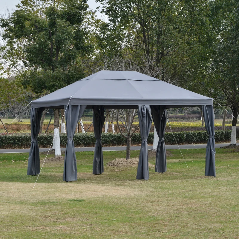 Outsunny Cenador de Jardín 4x3 m Carpa con 6 Cortinas de Cremallera Techo Ventilación Anti-UV para Fiesta Reuniones al Aire Libre Gris