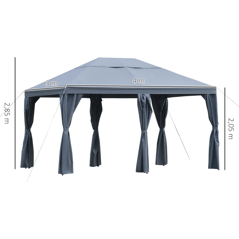 Outsunny Cenador de Jardín 4x3 m Carpa con 6 Cortinas de Cremallera Techo Ventilación Anti-UV para Fiesta Reuniones al Aire Libre Gris