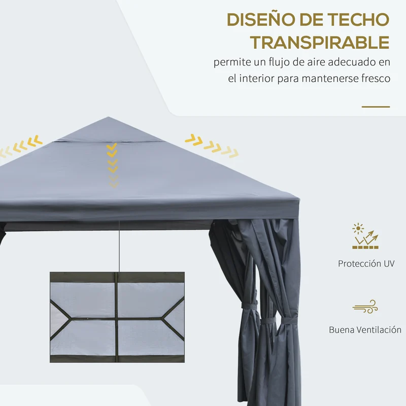 Outsunny Cenador de Jardín 4x3 m Carpa con 6 Cortinas de Cremallera Techo Ventilación Anti-UV para Fiesta Reuniones al Aire Libre Gris