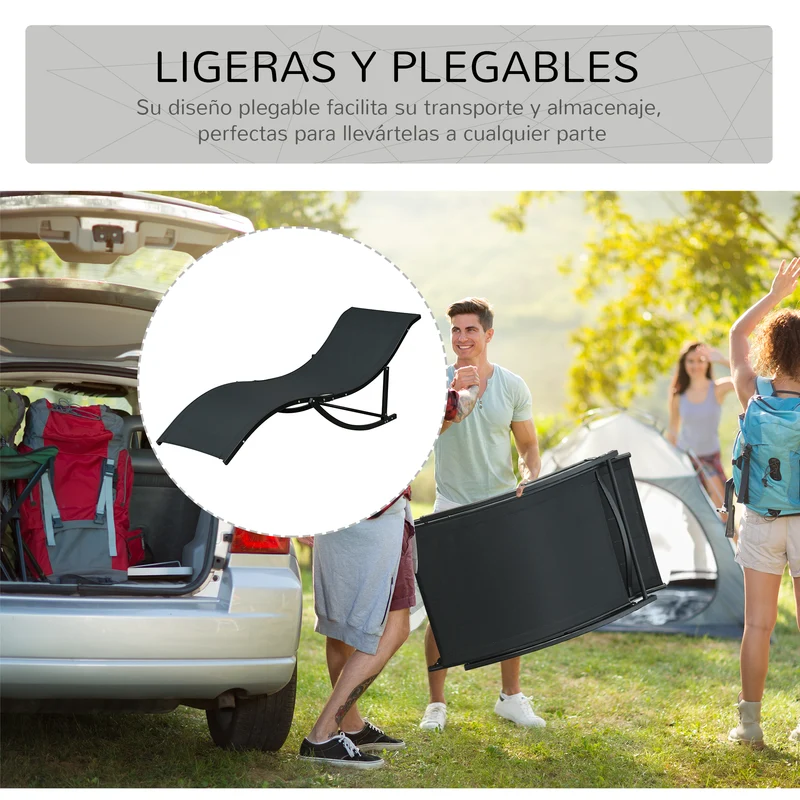 Outsunny 2 Tumbonas Plegables de Aluminio en Forma de S Ergonómica con Tela Texteline para Piscina Patio Jardín Terraza 165x61x63 cm Negro
