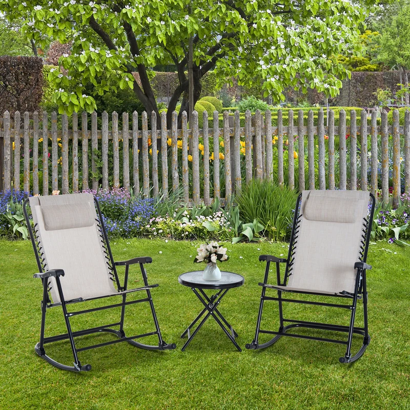 Outsunny Set de Muebles de Jardín Mesa Redonda Ø46x49 cm y 2 Sillas Mecedoras 68x90x106 cm Plegables con Bloqueo para Exterior Patio Beige
