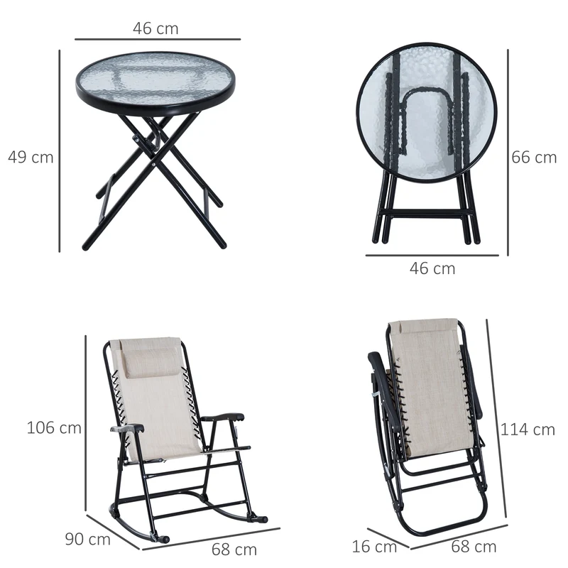 Outsunny Set de Muebles de Jardín Mesa Redonda Ø46x49 cm y 2 Sillas Mecedoras 68x90x106 cm Plegables con Bloqueo para Exterior Patio Beige