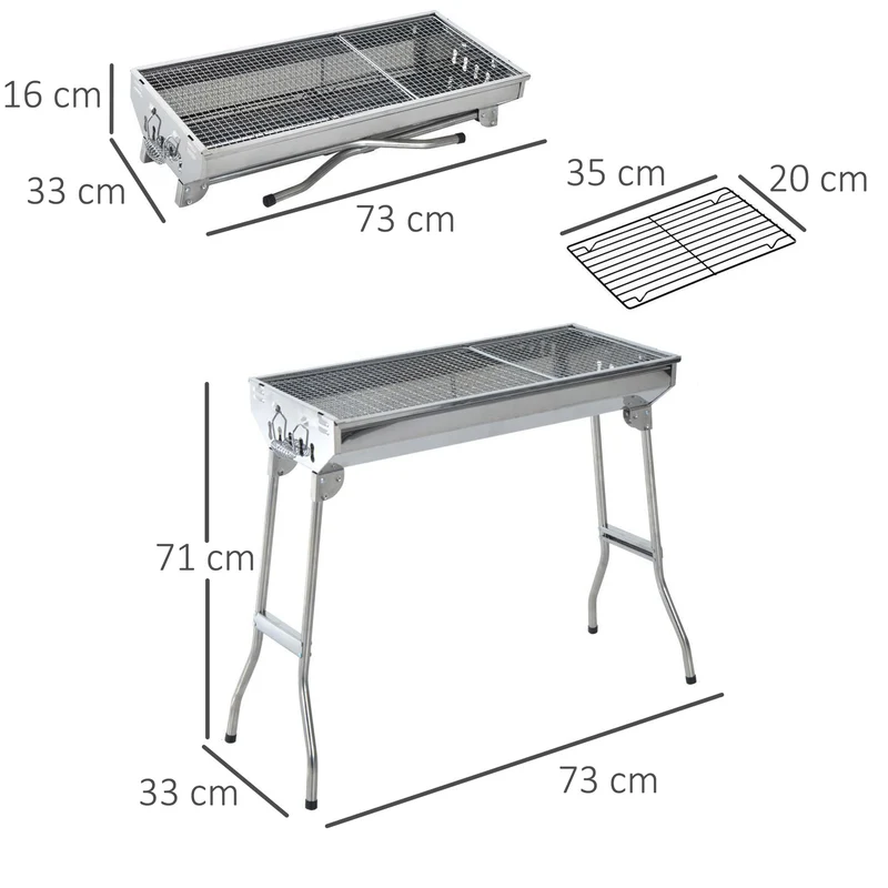 Outsunny Barbacoa Portátil y Plegable de Acero Inoxidable con Parrilla de Carbón BBQ de Picnic Camping Jardín 73x33x71 cm Plata