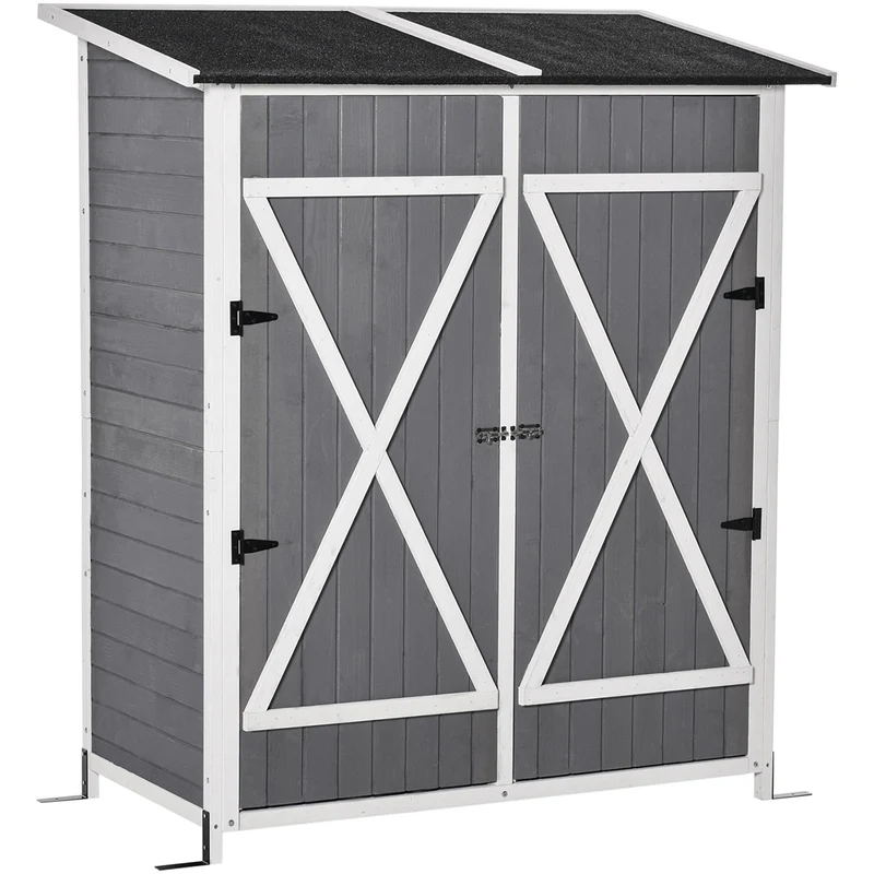 Outsunny Caseta de Jardín de Madera 139x75x160 cm Armario de Jardín Cobertizo para Almacenaje de Herramientas con Estantería Movible Puertas con Cerrojo Techo Asfáltico Gris