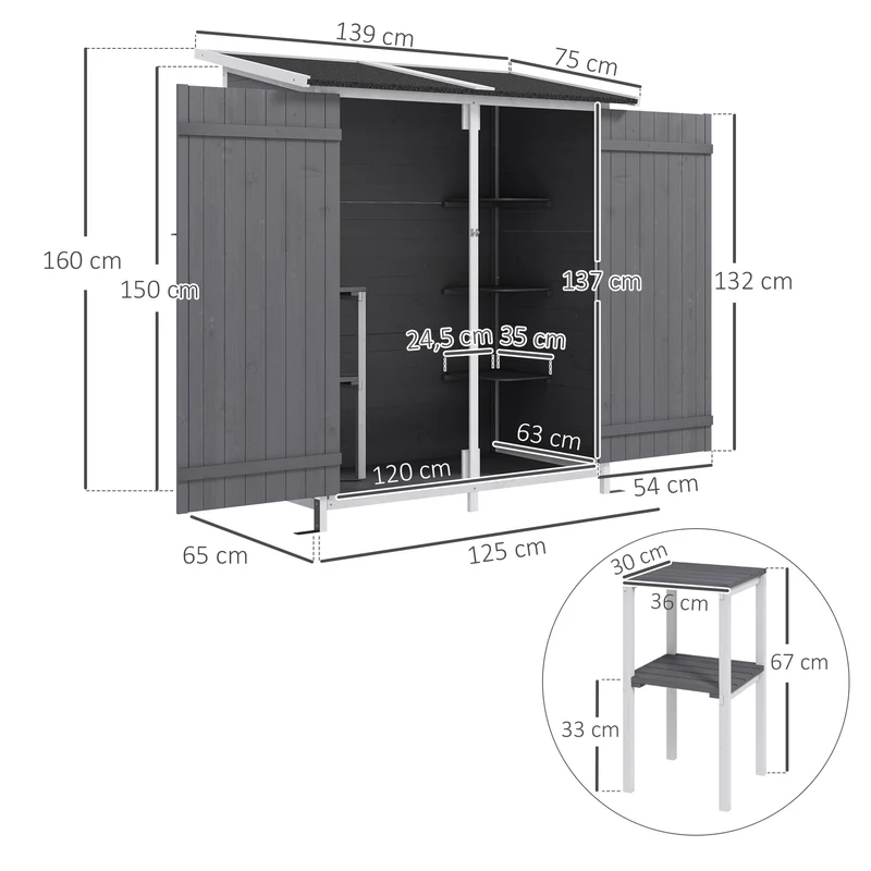 Outsunny Caseta de Jardín de Madera 139x75x160 cm Armario de Jardín Cobertizo para Almacenaje de Herramientas con Estantería Movible Puertas con Cerrojo Techo Asfáltico Gris