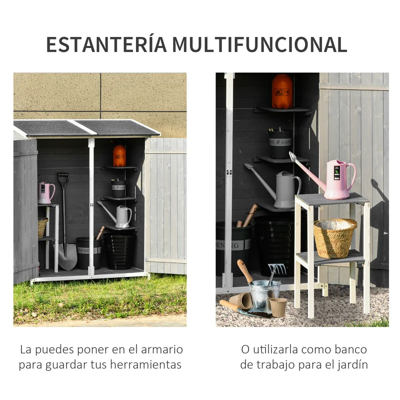 Outsunny Caseta de Jardín de Madera 139x75x160 cm Armario de Jardín Cobertizo para Almacenaje de Herramientas con Estantería Movible Puertas con Cerrojo Techo Asfáltico Gris