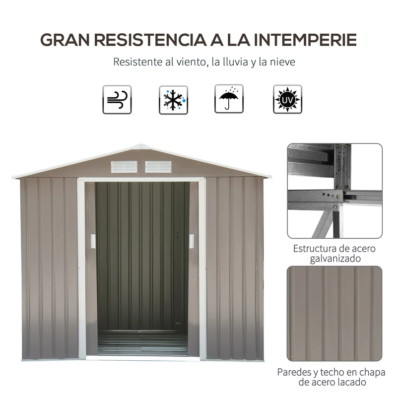 Outsunny Cobertizo de Jardín 2,42m² con Base de Refuerzo Sin Suelo 213x130x185 cm Caseta de Jardín Exterior con 2 Puertas Correderas y 4 Ventanas para Almacenamiento de Herramientas Gris