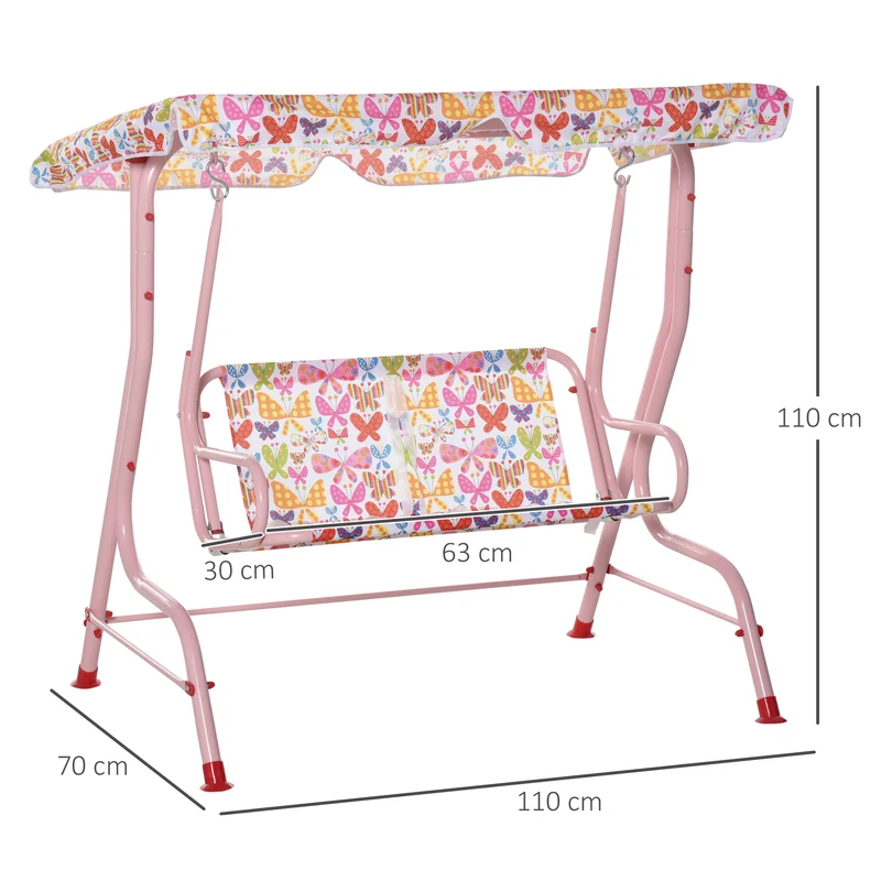 Outsunny Columpio Balancín de Jardín Infantil 2 Plazas para Niños de +3 Años con Toldo Ajustable en Ángulo para Terraza Balcón Carga Máx. 60 kg 110x70x110 cm Rosa