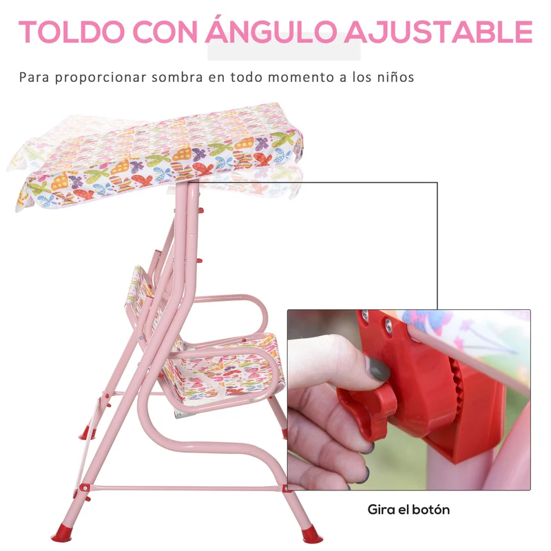 Outsunny Columpio Balancín de Jardín Infantil 2 Plazas para Niños de +3 Años con Toldo Ajustable en Ángulo para Terraza Balcón Carga Máx. 60 kg 110x70x110 cm Rosa