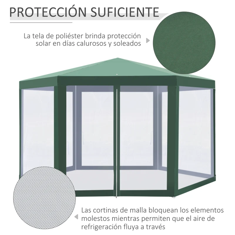 Outsunny Carpa Gazebo tipo Cenador Hexagonal con Mosquitera para Jardín y Terraza Ø1,97 m Material de Poliéster Impermeable (Verde)
