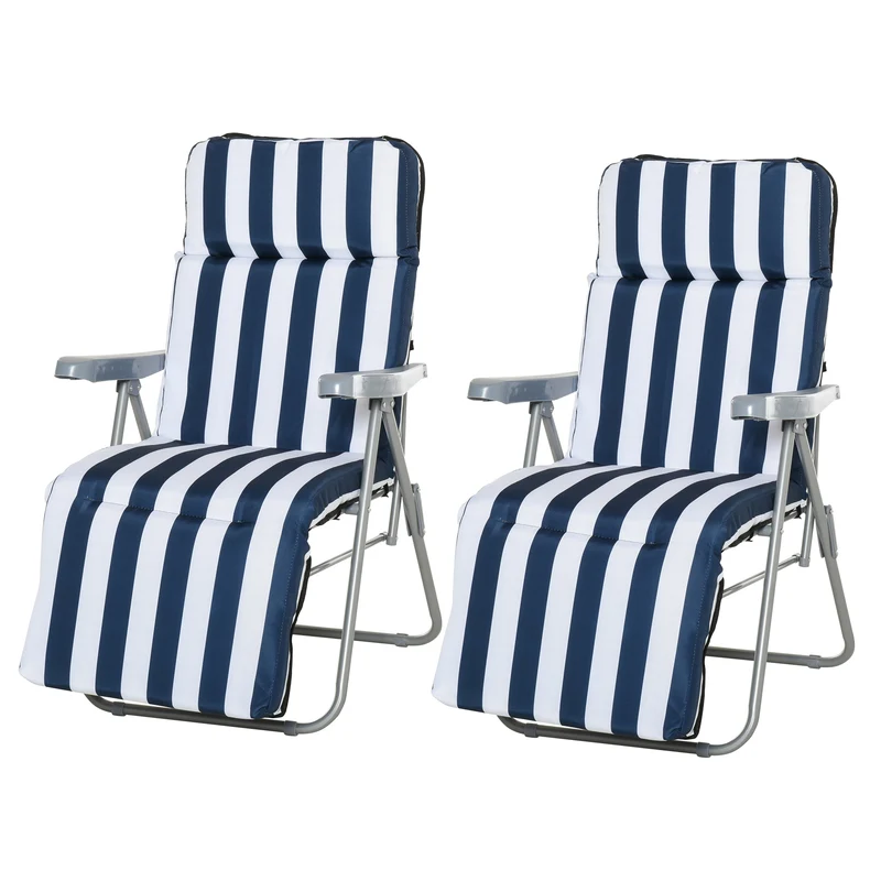 Outsunny Conjunto de 2 Tumbonas Plegables Tumbonas de Jardín de Acero con Cojín Acolchado Respaldo Regulable en 5 Posiciones y Reposapiés 60x75x66-102 cm Azul y Blanco