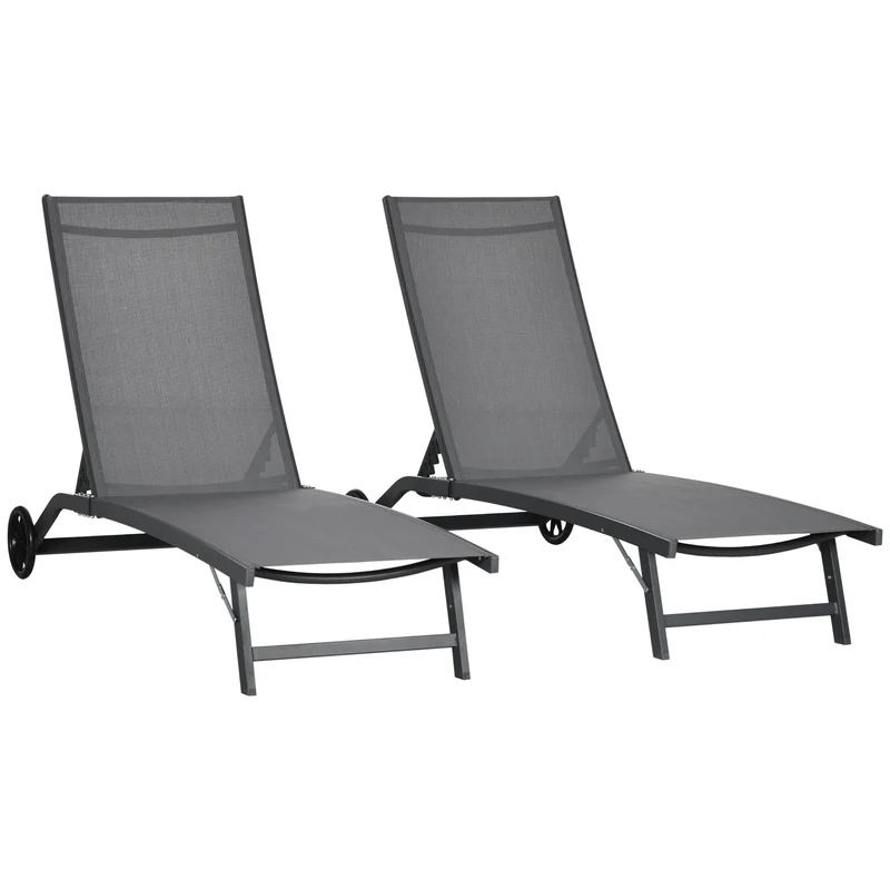 Outsunny Pack de 2 Tumbonas de Jardín Exterior Tumbonas Reclinables de Aluminio con Respaldo Ajustable de 5 Niveles y Ruedas para Playa Piscina 165x66x102 cm Gris Oscuro