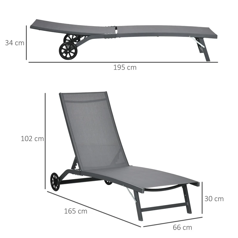 Outsunny Pack de 2 Tumbonas de Jardín Exterior Tumbonas Reclinables de Aluminio con Respaldo Ajustable de 5 Niveles y Ruedas para Playa Piscina 165x66x102 cm Gris Oscuro