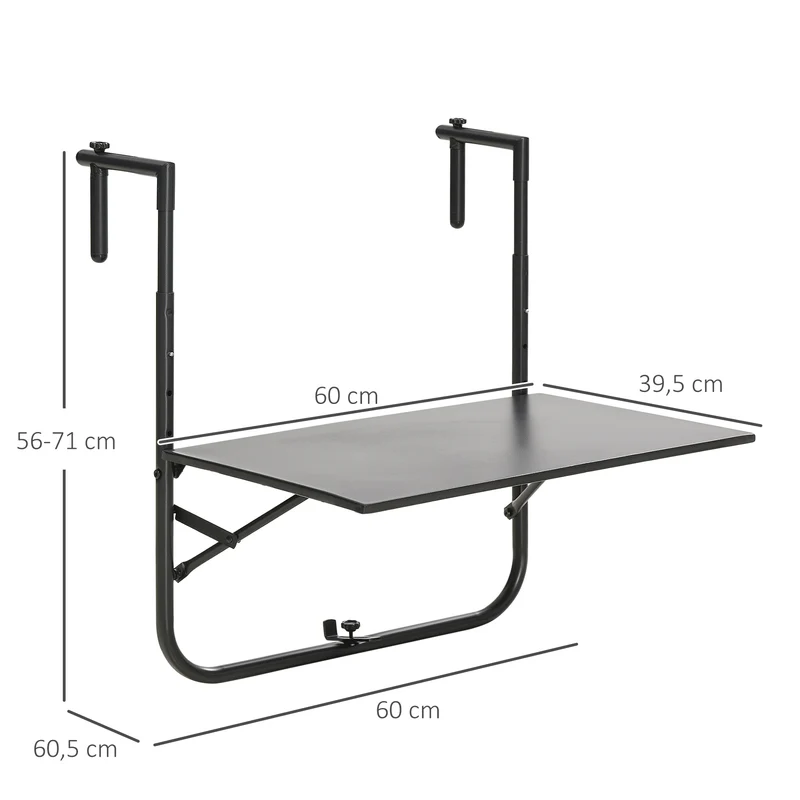 Outsunny Mesa Colgante para Balcón Mesa de Pared de Acero con Altura Ajustable en 4 Posiciones Carga Máx. 15 kg para Terraza 60x60,5x56-71 cm Negro