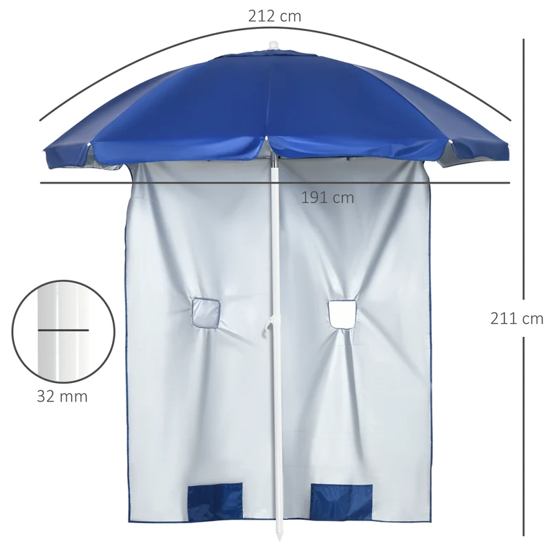 Outsunny Sombrilla de Playa con Panel Lateral Ø191x211 cm Parasol para Terraza con Manivela Manual Techo Inclinable 2 Bolsillos y 2 Ventanas para Jardín Piscina Azul