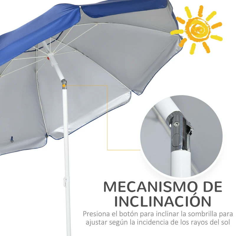 Outsunny Sombrilla de Playa con Panel Lateral Ø191x211 cm Parasol para Terraza con Manivela Manual Techo Inclinable 2 Bolsillos y 2 Ventanas para Jardín Piscina Azul