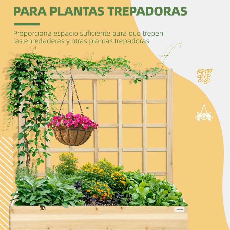 Outsunny Jardinera de Madera con Enrejado Arriate de Jardín con Celosía Jardinera de Caja Huerto Urbano para Trepadoras Cultivos Verduras Flores 110x116x120 cm Natural