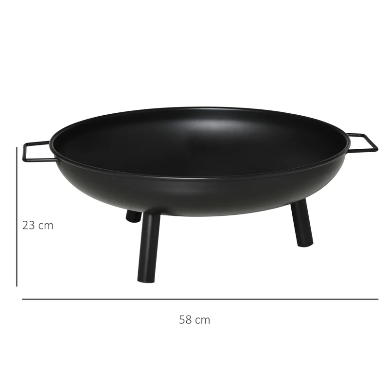 Outsunny Brasero Exterior Ø58x23 cm Cuenco de Fuego Redondo con Asas de Transporte 3 Pies y Marco de Metal para Hogueras Leñas Terraza Jardín al Aire Libre Negro