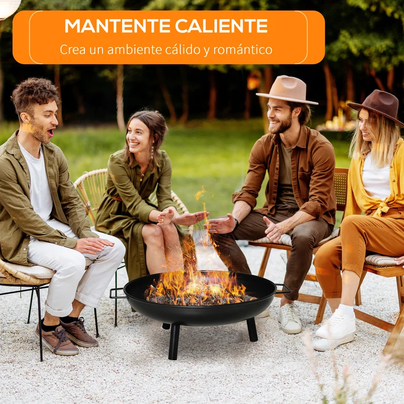 Outsunny Brasero Exterior Ø58x23 cm Cuenco de Fuego Redondo con Asas de Transporte 3 Pies y Marco de Metal para Hogueras Leñas Terraza Jardín al Aire Libre Negro