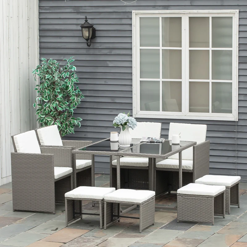 Outsunny Conjunto de Muebles de Jardín 9 Piezas de Ratán para Comedor Sillas Apilables con Cojines Extraíbles Lavables Mesa de Vidrio Templado para Exterior Patio Terraza Gris