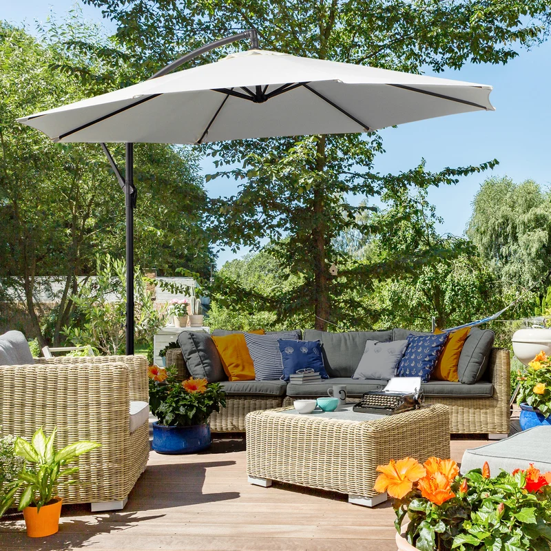 Outsunny Parasol Excéntrico Ø 295 cm Sombrilla de Jardín con Ángulo Ajustable Base Cruzada y Manivela Sombrilla para Terraza Patio Crema