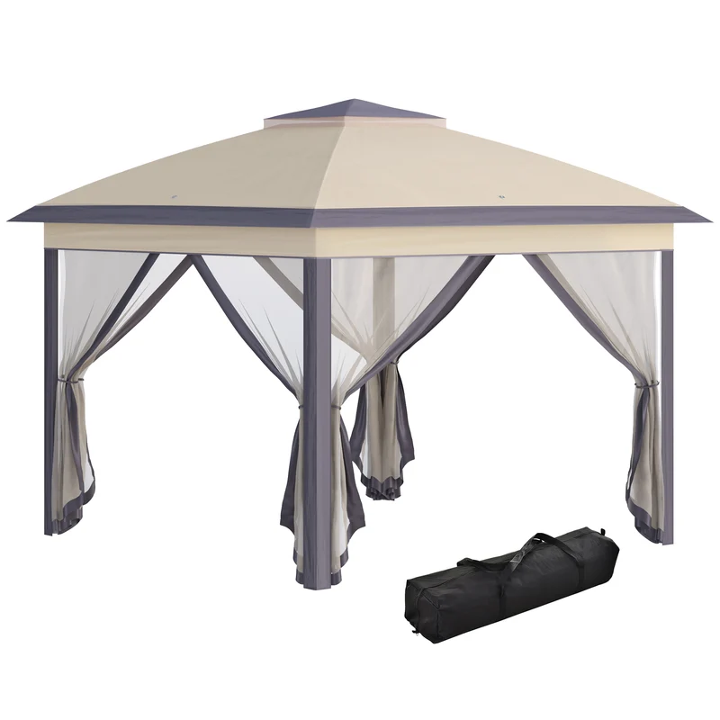 Outsunny Carpa Plegable Exterior 3,3x3,3x2,88 m Altura Ajustable Cenador de Jardín con Doble Techo 4 Mosquiteras Extraíbles y Bolsa de Transporte para Camping Fiestas Beige