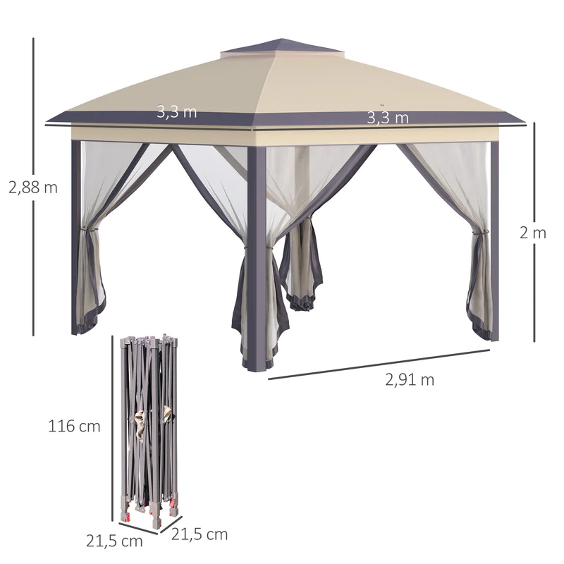 Outsunny Carpa Plegable Exterior 3,3x3,3x2,88 m Altura Ajustable Cenador de Jardín con Doble Techo 4 Mosquiteras Extraíbles y Bolsa de Transporte para Camping Fiestas Beige