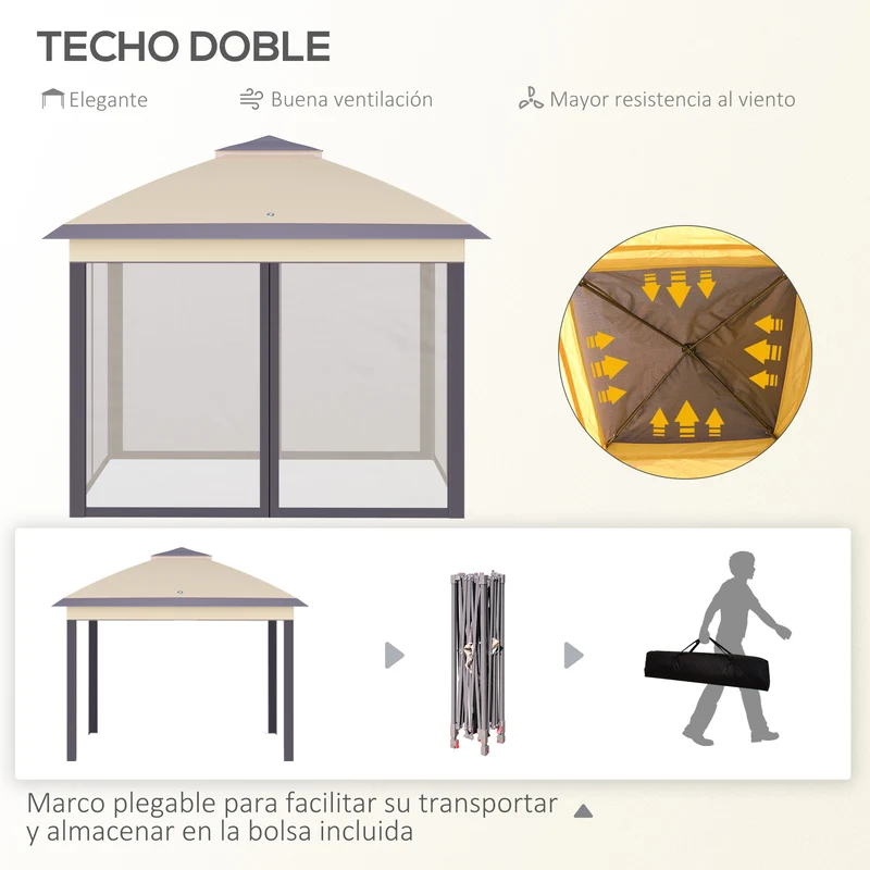 Outsunny Carpa Plegable Exterior 3,3x3,3x2,88 m Altura Ajustable Cenador de Jardín con Doble Techo 4 Mosquiteras Extraíbles y Bolsa de Transporte para Camping Fiestas Beige