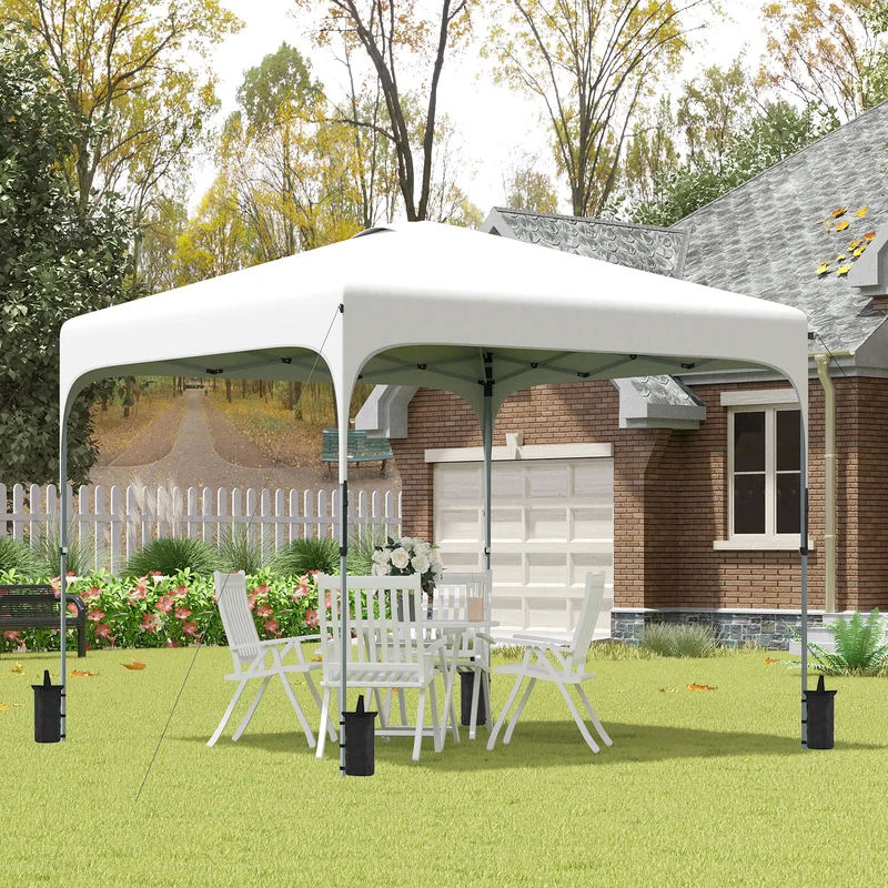 Outsunny Cenador Plegable Pop-UP 2,5x2,5x2,68 m Carpa de Jardín Protección UV 50+ Ajustable en Altura con 4 Bolsas de Arena y Bolsa de Transporte para Camping Fiestas Patio Blanco