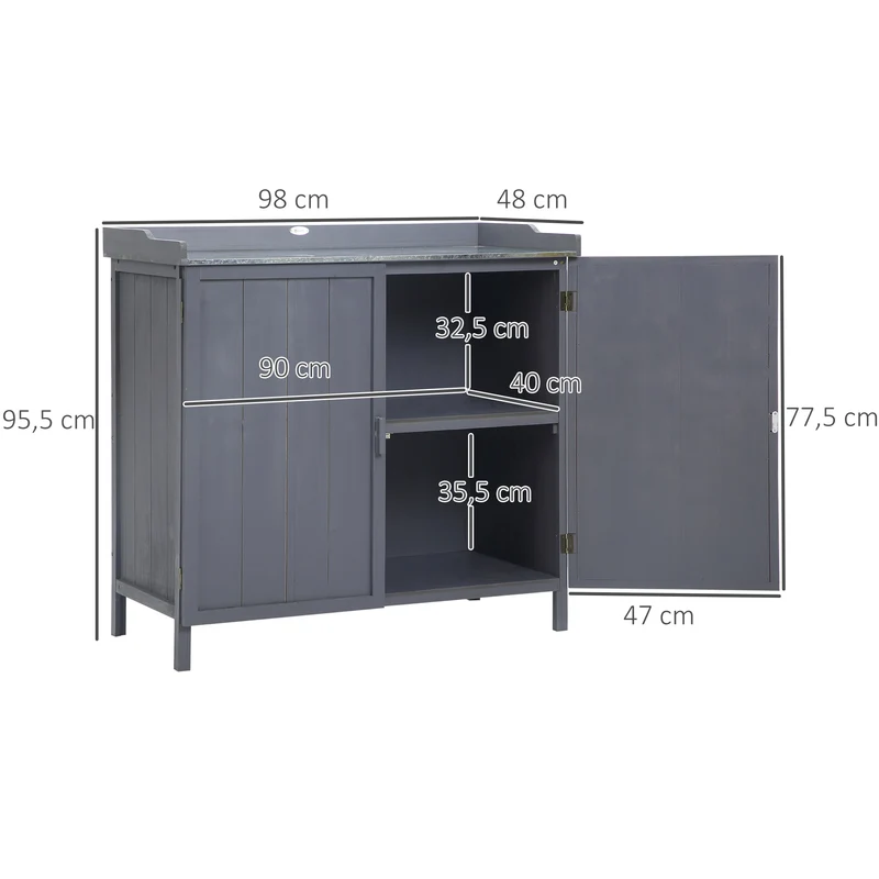 Outsunny Armario de Jardín de Madera con Mesa de Trabajo Armario de Exterior con 2 Puertas Cierre Magnético y 2 Estantes para Terraza Balcón 98x48x95,5 cm Gris