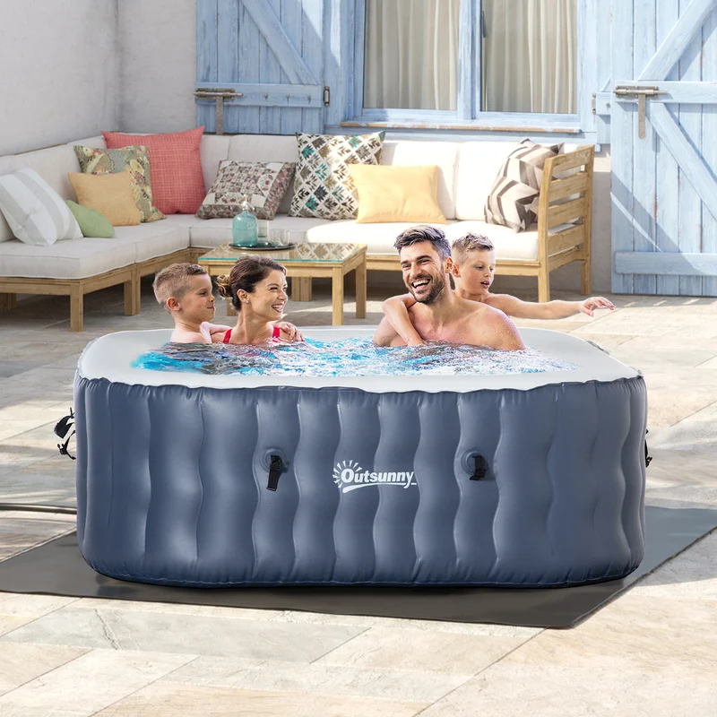 Outsunny Spa Hinchable Cuadrado para 4 Personas 930L Bañera de Hidromasaje Hinchable para Exteriores 180x180x68 cm con 108 Chorros de Masaje Control Remoto y Funda Protectora Azul