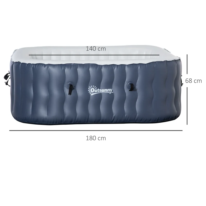 Outsunny Spa Hinchable Cuadrado para 4 Personas 930L Bañera de Hidromasaje Hinchable para Exteriores 180x180x68 cm con 108 Chorros de Masaje Control Remoto y Funda Protectora Azul