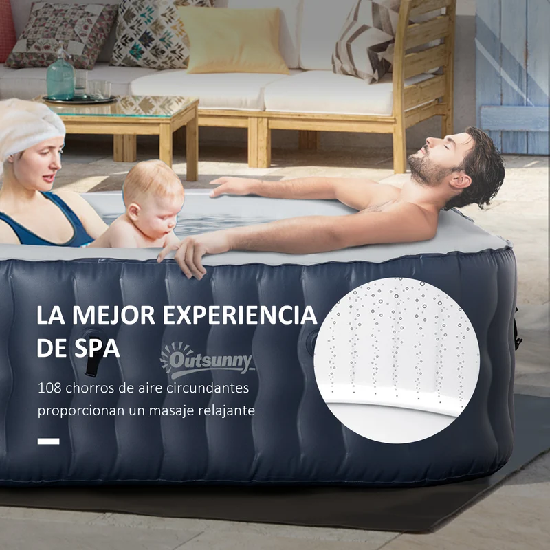 Outsunny Spa Hinchable Cuadrado para 4 Personas 930L Bañera de Hidromasaje Hinchable para Exteriores 180x180x68 cm con 108 Chorros de Masaje Control Remoto y Funda Protectora Azul