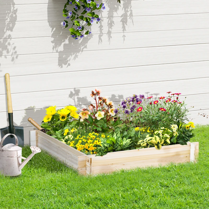 Outsunny Huerto Urbano Arriate de Madera de Jardín Cuadrada Jardinera Macetero para Cultivos Plantas Flores Hierbas Terraza 100x100x16 cm Natural