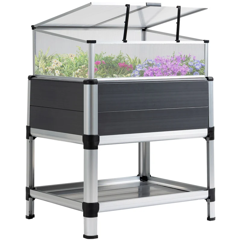 Outsunny Huerto Urbano Elevado de Aluminio 78,5x61x99,5 cm Macetero con Cubierta de Policarbonato Techos Abatibles y Estante Inferior para Cultivos Planta Flores Gris