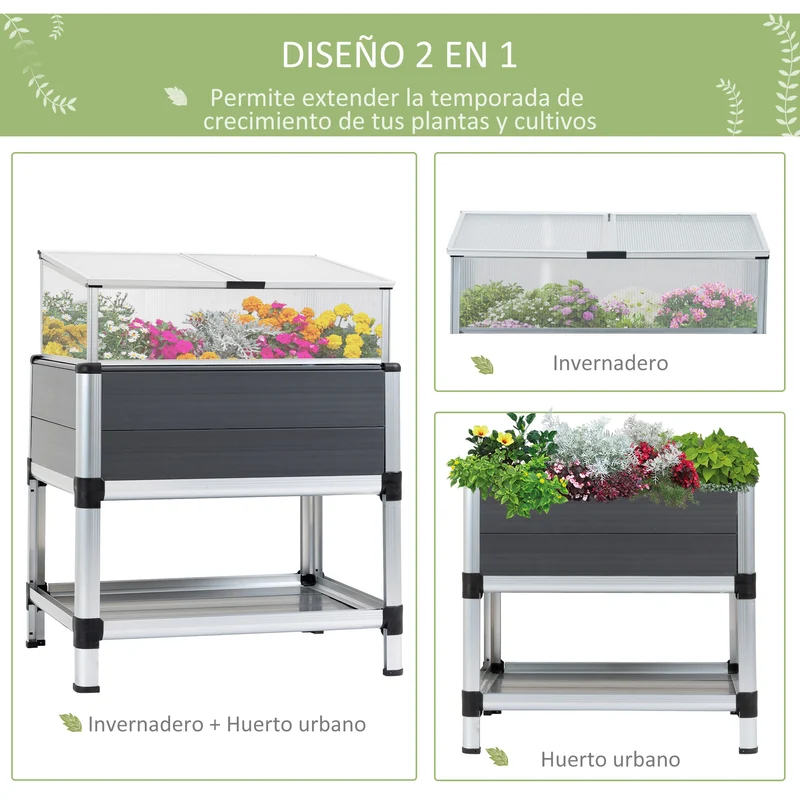 Outsunny Huerto Urbano Elevado de Aluminio 78,5x61x99,5 cm Macetero con Cubierta de Policarbonato Techos Abatibles y Estante Inferior para Cultivos Planta Flores Gris