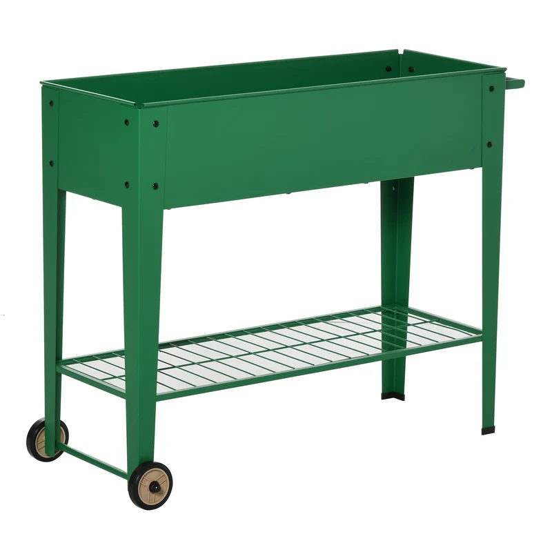 Outsunny Huerto Urbano Jardinera Elevada de Metal Cama de Jardín con Ruedas Asa Lateral y Estante Inferior para Cultivo Plantas Hortalizas Flores 104x39x80 cm Verde