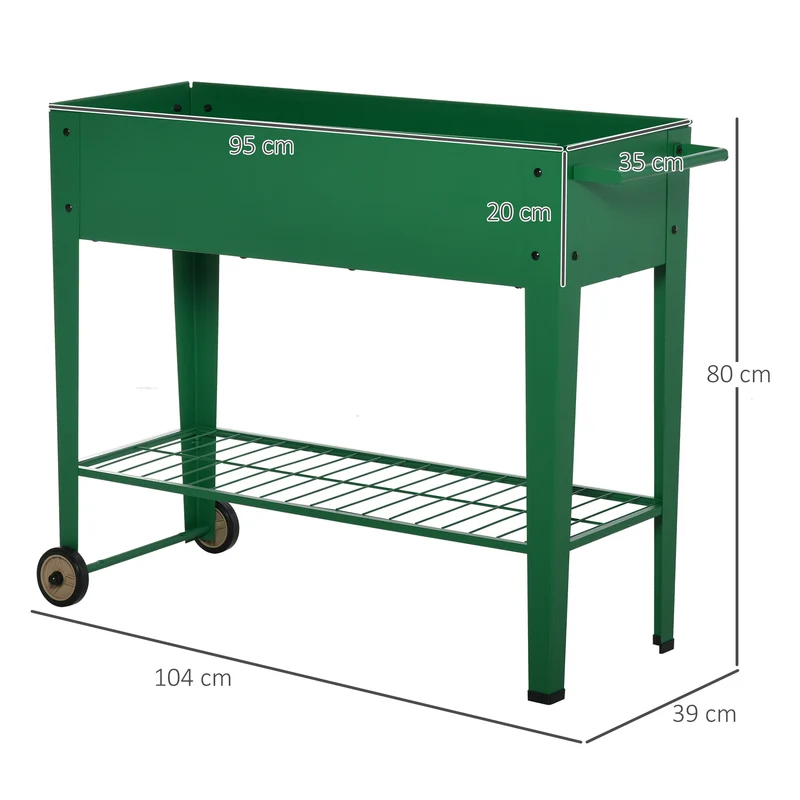 Outsunny Huerto Urbano Jardinera Elevada de Metal Cama de Jardín con Ruedas Asa Lateral y Estante Inferior para Cultivo Plantas Hortalizas Flores 104x39x80 cm Verde