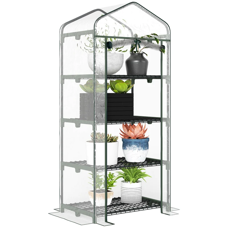 Outsunny Invernadero de Jardín con 4 Estantes Metálicos Tipo Caseta de Tubo Acero Vivero Casero para Cultivo de Plantas Flores Macetas 70x50x160 cm Transparente