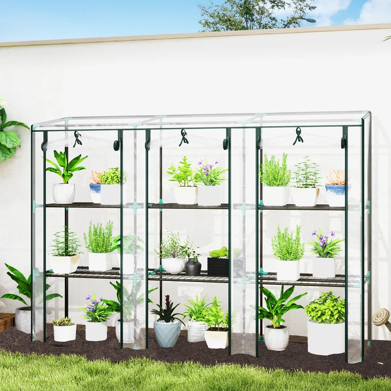 Outsunny Invernadero Pequeño Invernadero de Exterior con Estantes de 3 Niveles Puertas con Cremallera y Marco de Acero Invernadero para Cultivar Plantas Flores 215x46x151 cm Transparente