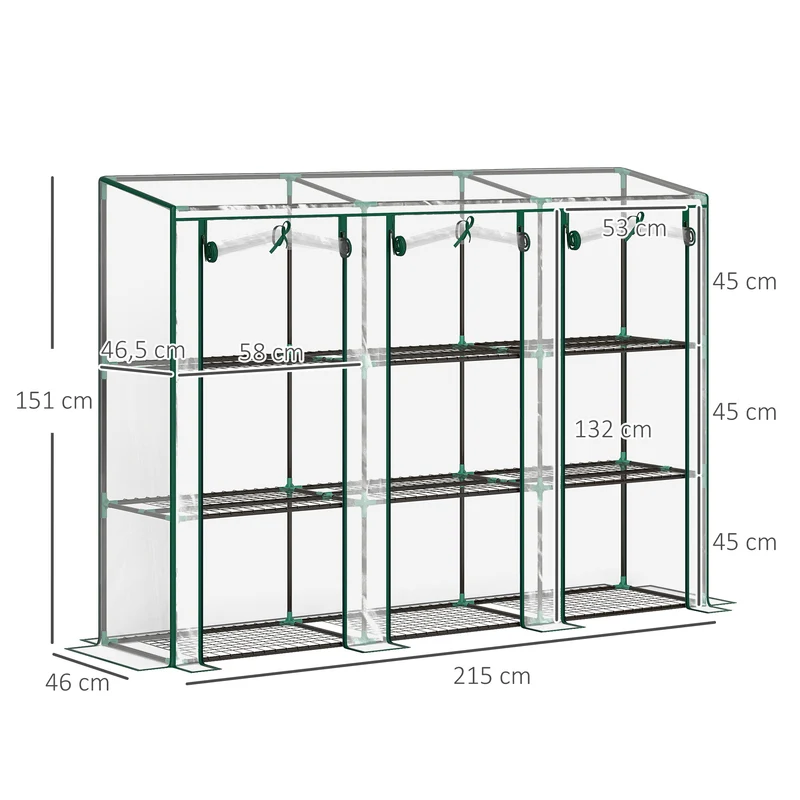 Outsunny Invernadero Pequeño Invernadero de Exterior con Estantes de 3 Niveles Puertas con Cremallera y Marco de Acero Invernadero para Cultivar Plantas Flores 215x46x151 cm Transparente