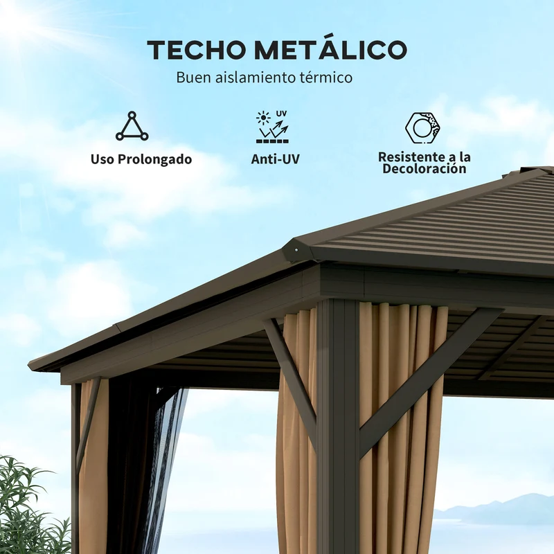 Outsunny Cenador para Jardín 3x3,6 m Pérgola de Jardín Gazebo con Doble Techo 4 Paredes Laterales 4 Mosquiteras Anti-UV y Marco de Aluminio Carpa para Exterior Terraza Patio Café