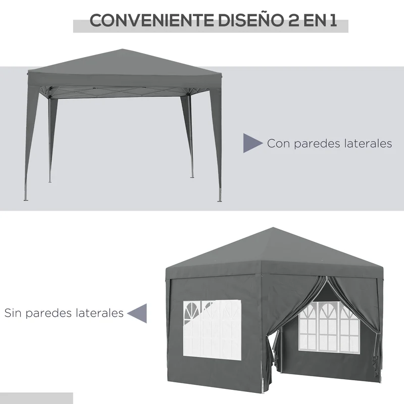 Outsunny Carpa Plegable Pop-up Gazebo 3x3 m Cenador Plegable con 4 Paredes Laterales Anti-UV y Bolsa de Transporte para Camping Fiestas Gris